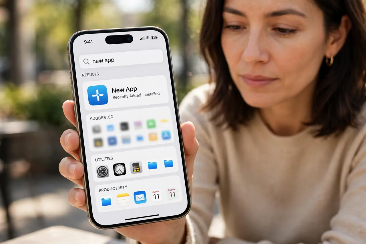 A New App Hides in the App Library Only — step 1 being performed on the device.