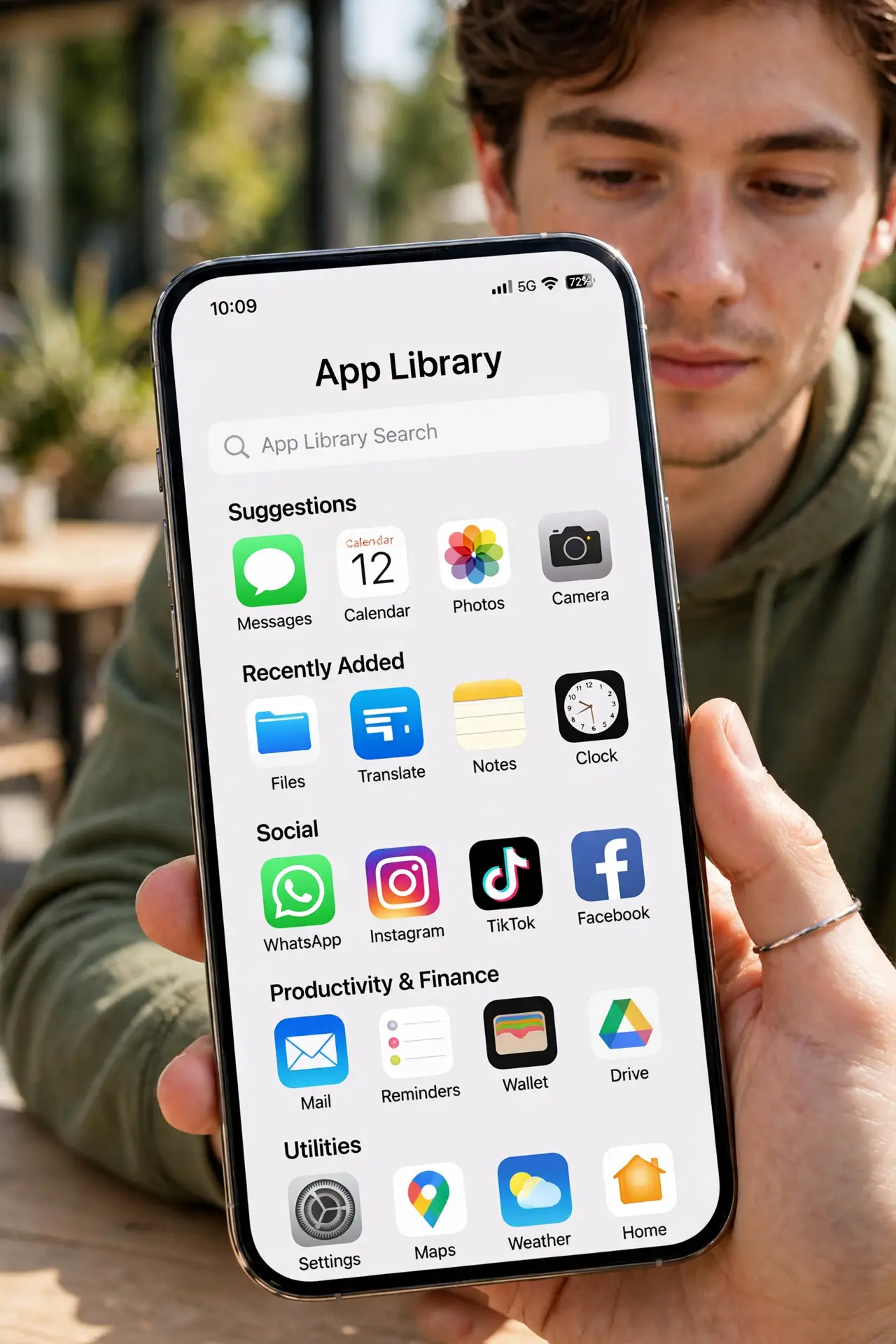 A person performing the first step of the guide: Find the App Library.