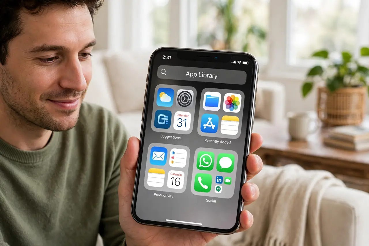 a person swiping to the real iPhone App Library showing legible auto-sorted app folders, home screens tidy behind, the person's face relieved, living room.