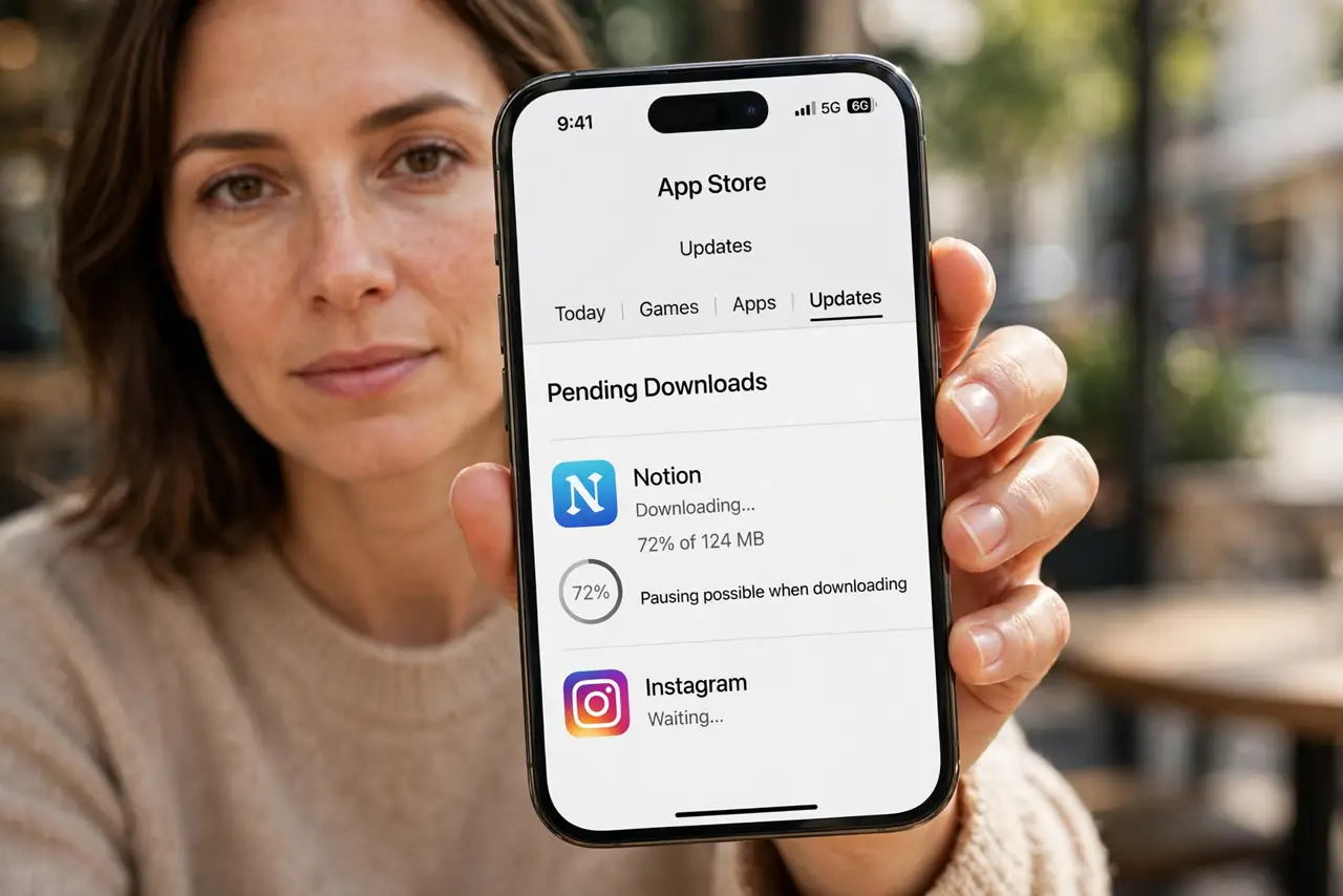Photorealistic photo: A calm adult holding an iPhone toward the viewer, the real iPhone screen showing the App Store with a download waiting and its status legible.