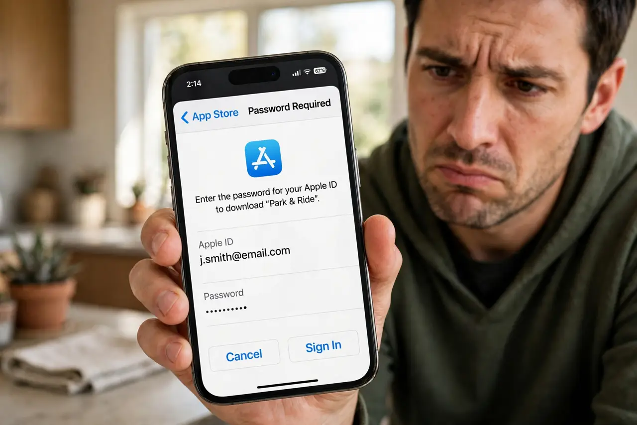 App Store Asks for Password Every Time — an impatient adult holding a real iPhone showing the App Store password prompt in fully legible text, the pers