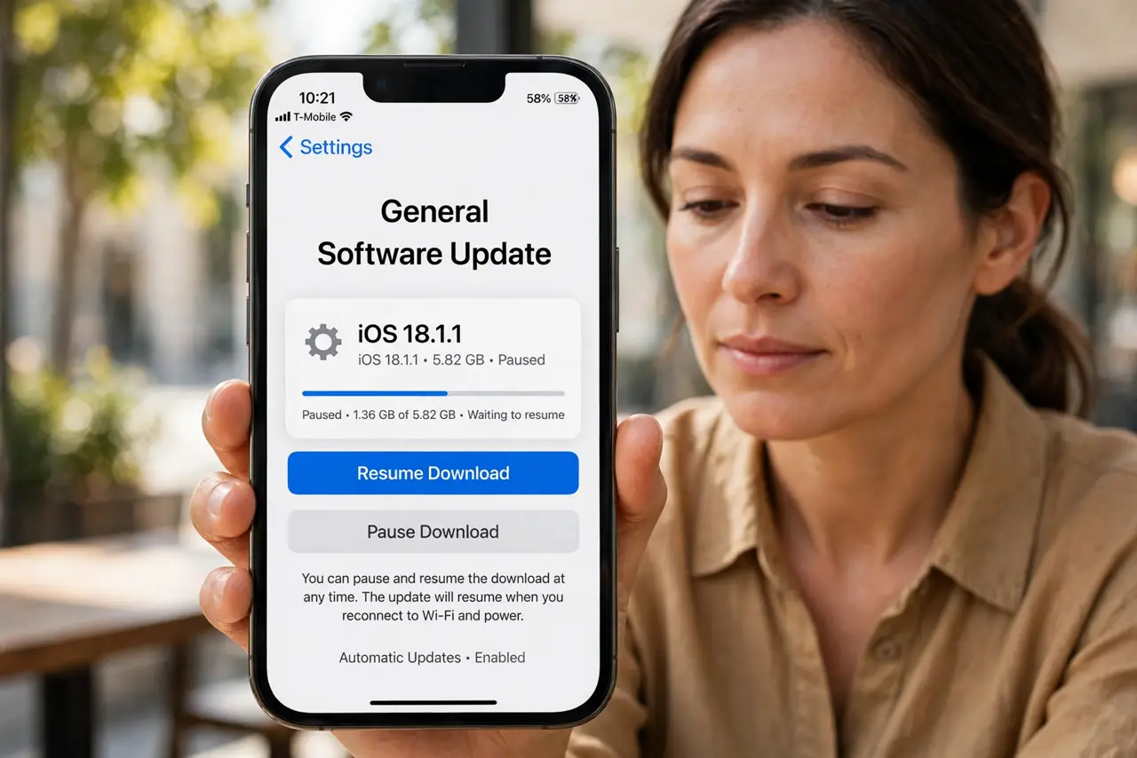 Person performing step 1: Pause and resume the update. Press and hold the app icon on the home screen and tap Pause Download, then tap Resume. A paused download...