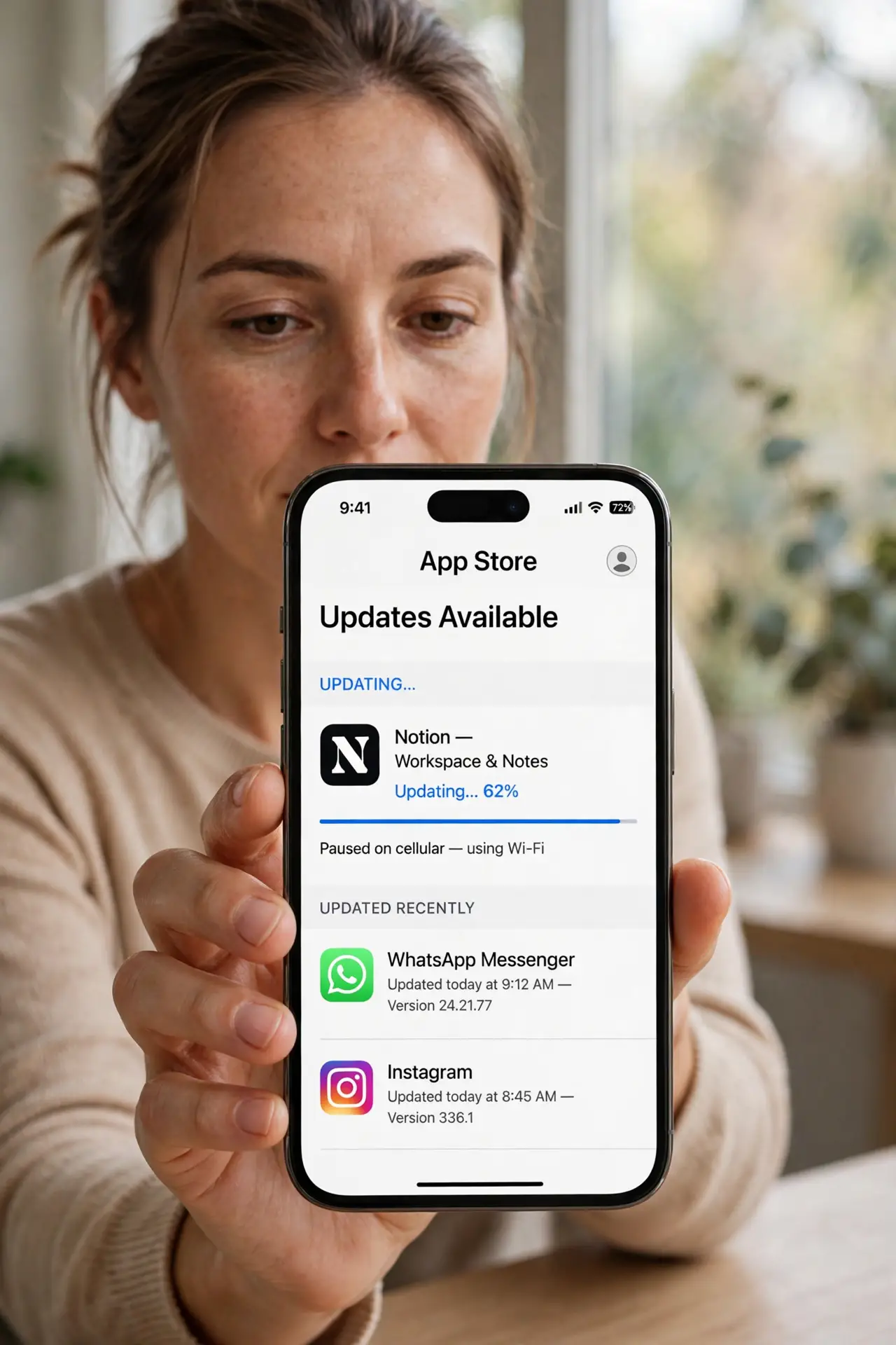 Photorealistic photo: A calm adult holding an iPhone toward the viewer, the real iPhone screen showing the App Store with an app update in progress and its status legible.