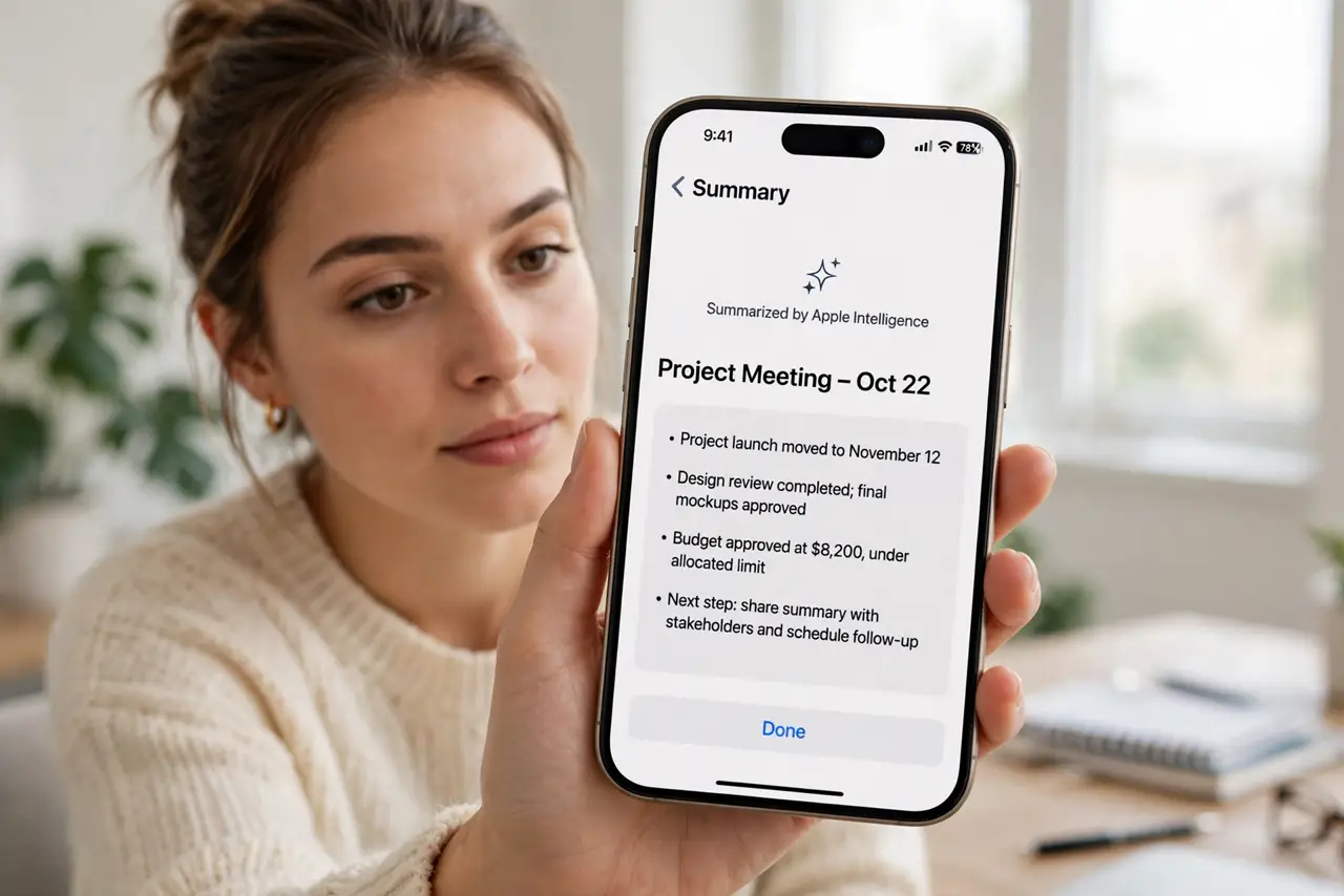 a person holding a real iPhone showing an Apple Intelligence feature screen with legible text, the person's face curious, bright room.