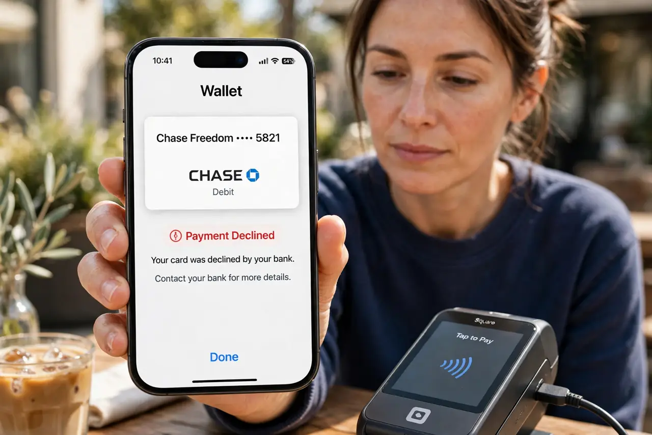 Photorealistic photo: A calm adult tapping an iPhone against a payment reader, the real iPhone screen showing the Wallet card with a decline message and card name legible.