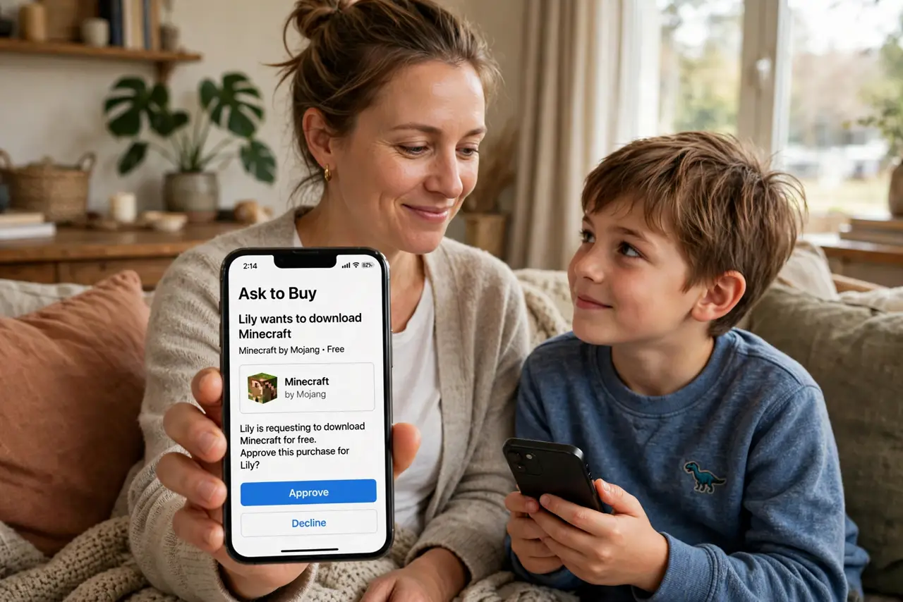 A parent holding a real iPhone showing a legible Ask to Buy approval request, a kid beside them holding their own phone hopefully, warm living room, the parent's.