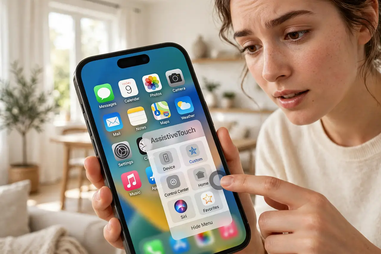 A person tapping the floating AssistiveTouch button on a real iPhone screen showing its menu with legible icons, the person's face curious, bright living room.