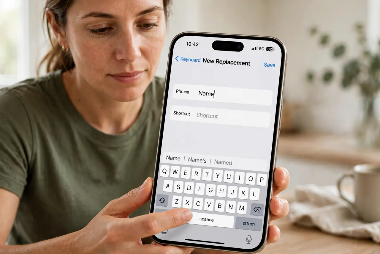 A person performing the first step: Add the name in Text Replacement.
