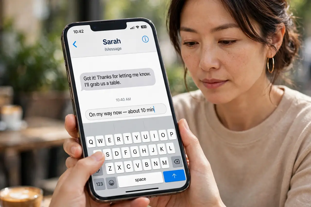 a calm adult holding a real iPhone, a message with a correctly spelled name visible on the real screen complete and legible, the person typing calmly.