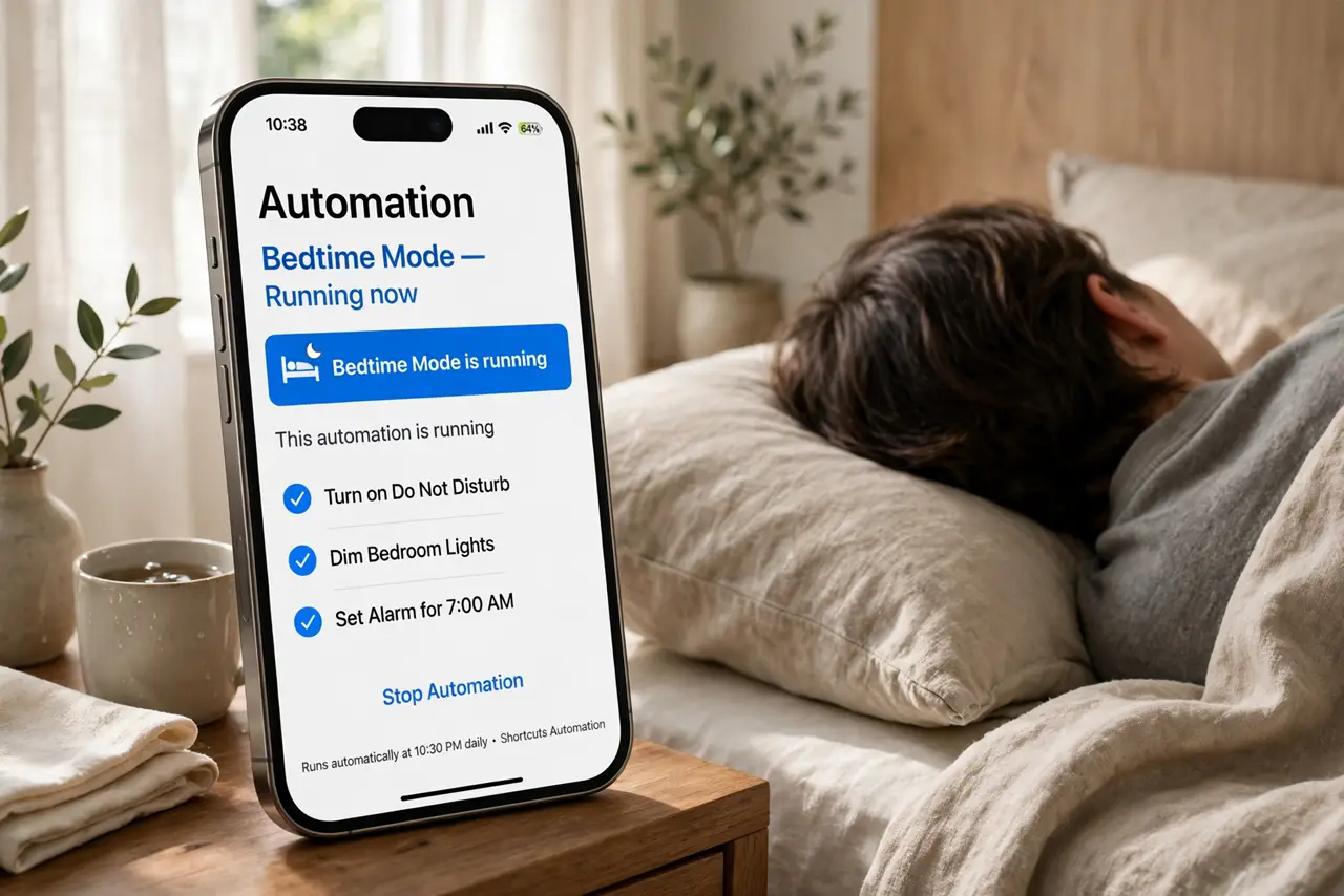 a person sleeping peacefully while a real iPhone on the nightstand shows an automation running with legible bedtime mode, the room calm, no face needed in dark.
