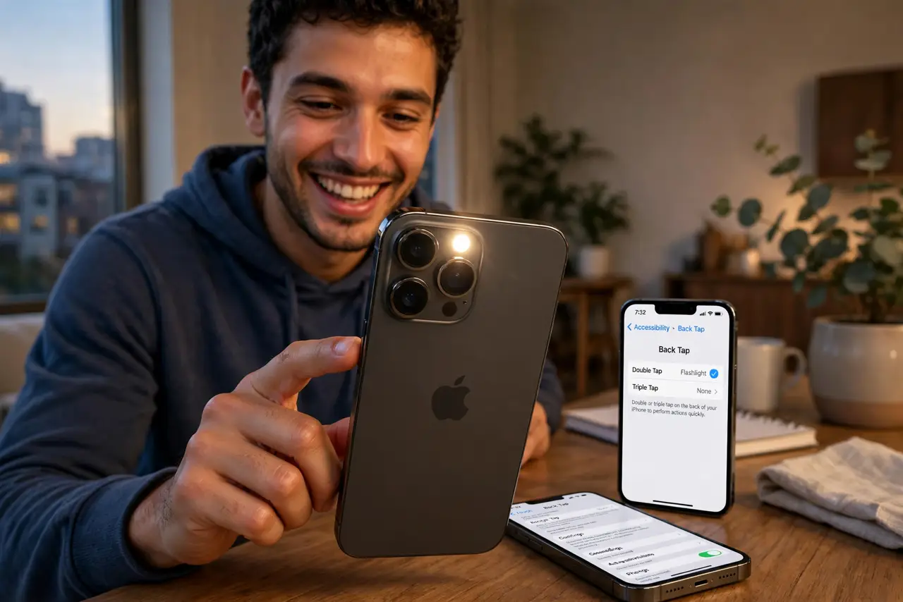 a person double-tapping the back of a real iPhone with the flashlight turning on, the Back Tap settings screen legible nearby, the person's face delighted, evening room.
