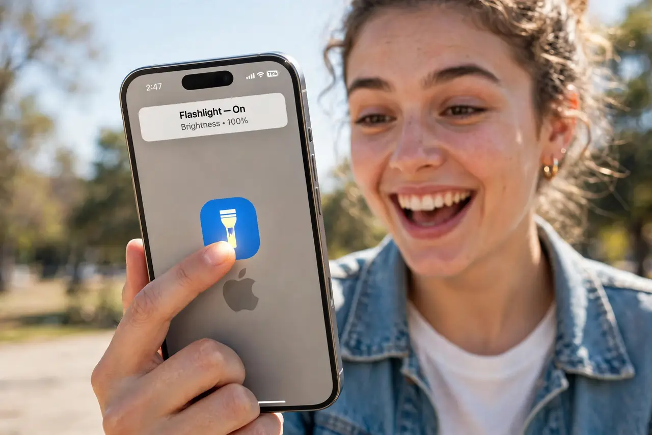 a person double-tapping the back of a real iPhone with a finger, the screen showing the flashlight turning on, the person's face delighted, bright daylight. No black screen, no bla.