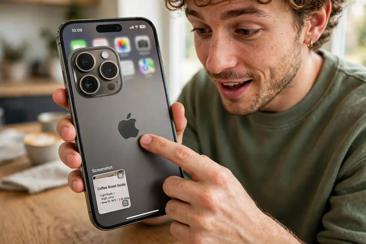A person double-tapping the back of a real iPhone with one finger, the screen showing a just-captured screenshot thumbnail in the corner fully legible, the person's face pleased and slightly surprised.