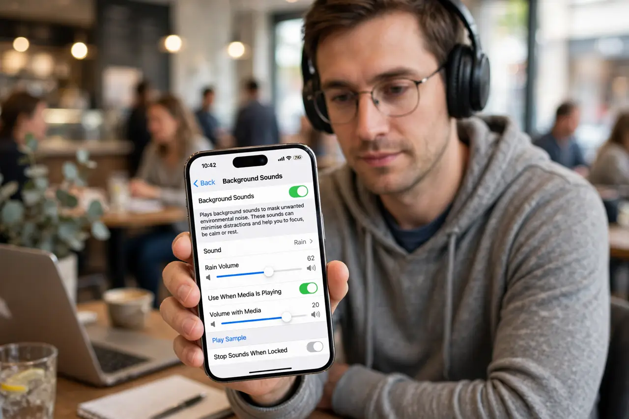a person working with headphones on, a real iPhone showing Background Sounds playing rain sounds, the person's face calm and focused, busy cafe blurred behind. No black screen, no .