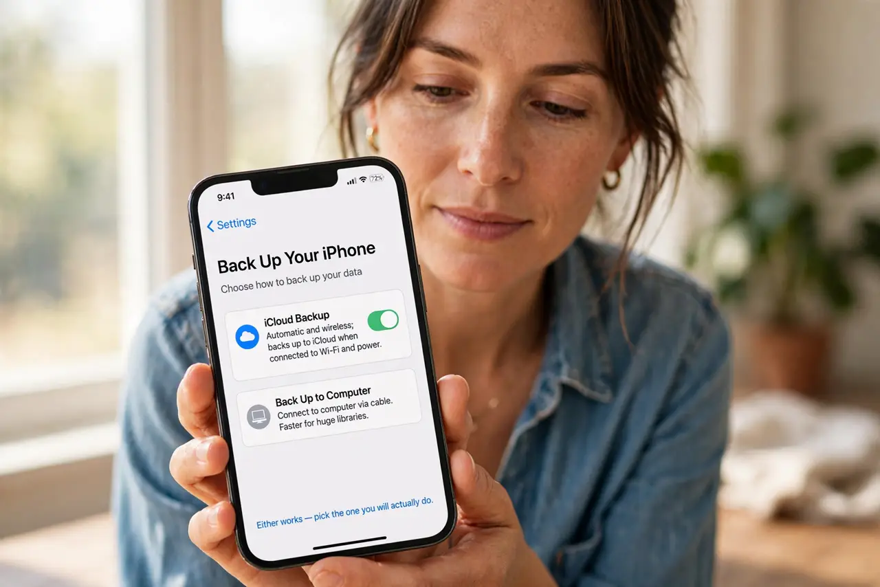 A person performing the first step of the guide: Choose iCloud or computer backup.