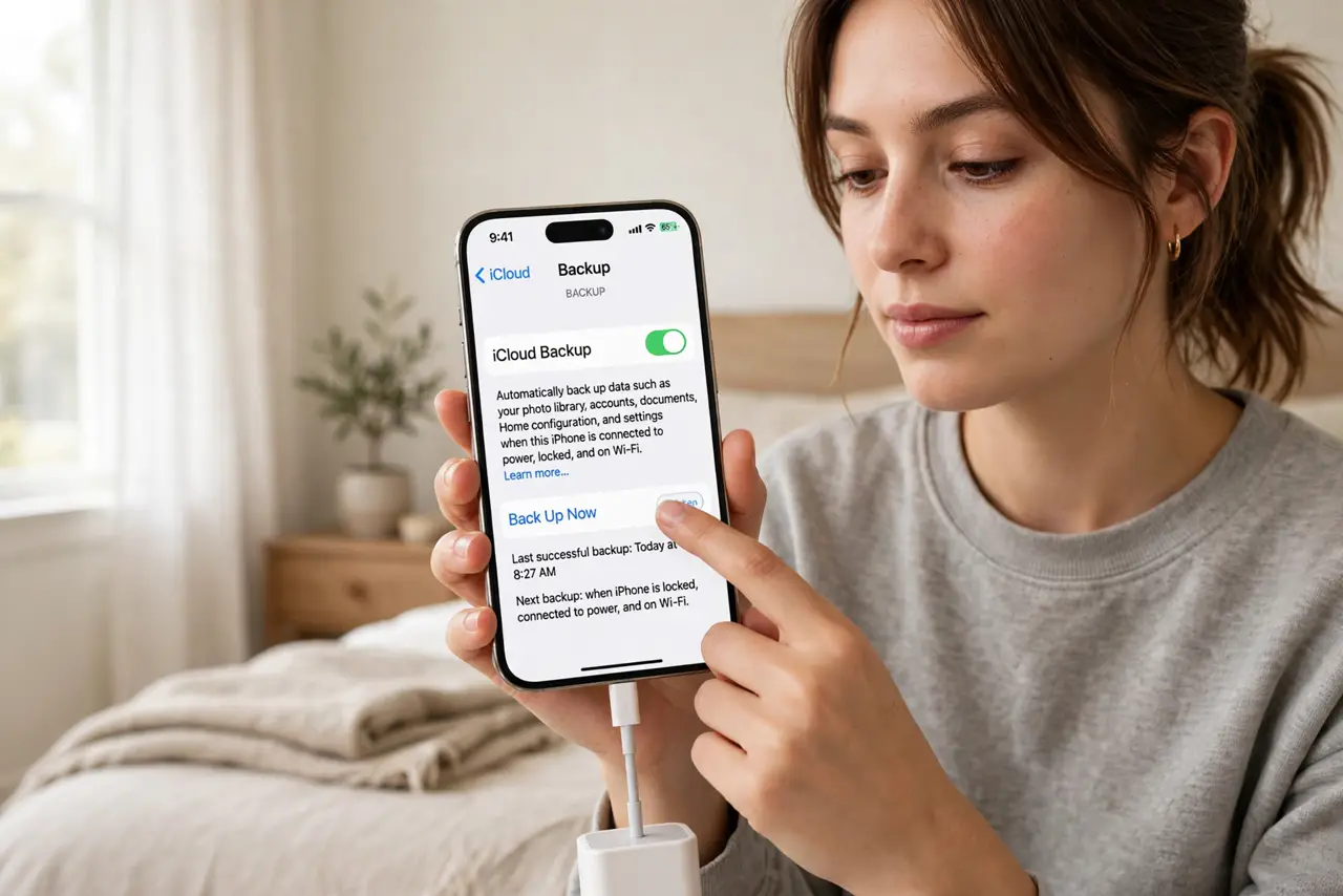 a person tapping backup now on a real iPhone showing iCloud backup settings with legible text, the phone plugged into power, the person's face responsible and calm, bedroom.