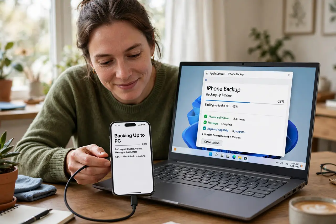 a person connecting a real iPhone to a real laptop with a cable, the screen showing the legible backup progress screen, the person's face relieved, home office.