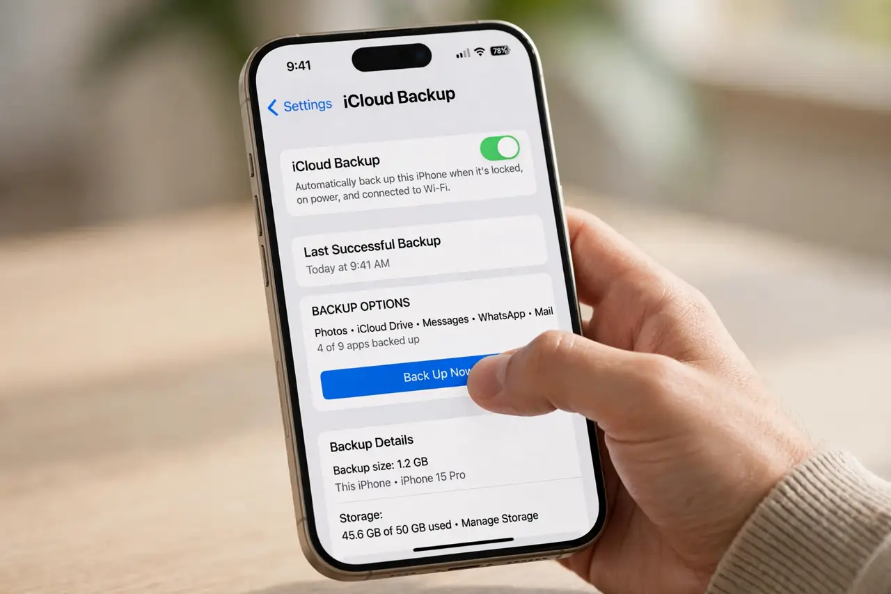 A person carrying out step one: check your icloud backup status.