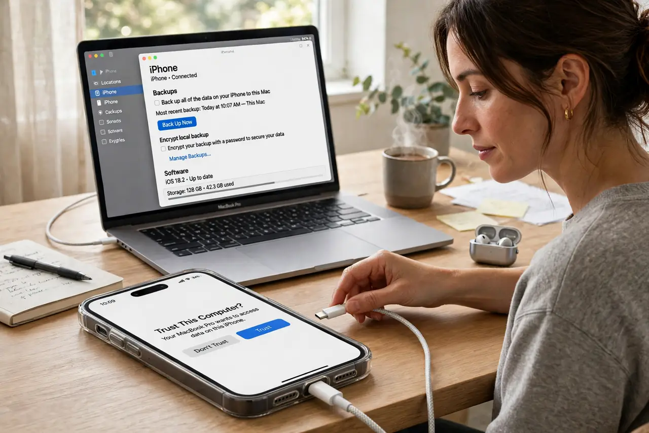 A person connecting a real iPhone to a real MacBook with a cable, the Finder backup screen legible, the person's face responsible and calm, desk.
