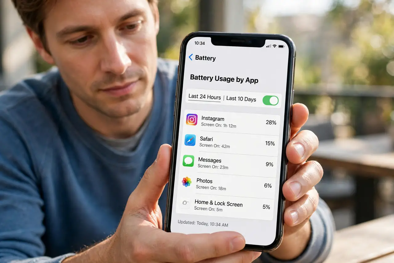 Person performing step 1: Check Battery Usage by App. Open Settings, then Battery, and look at Battery Usage by App for the last 24 hours. The app at the top...