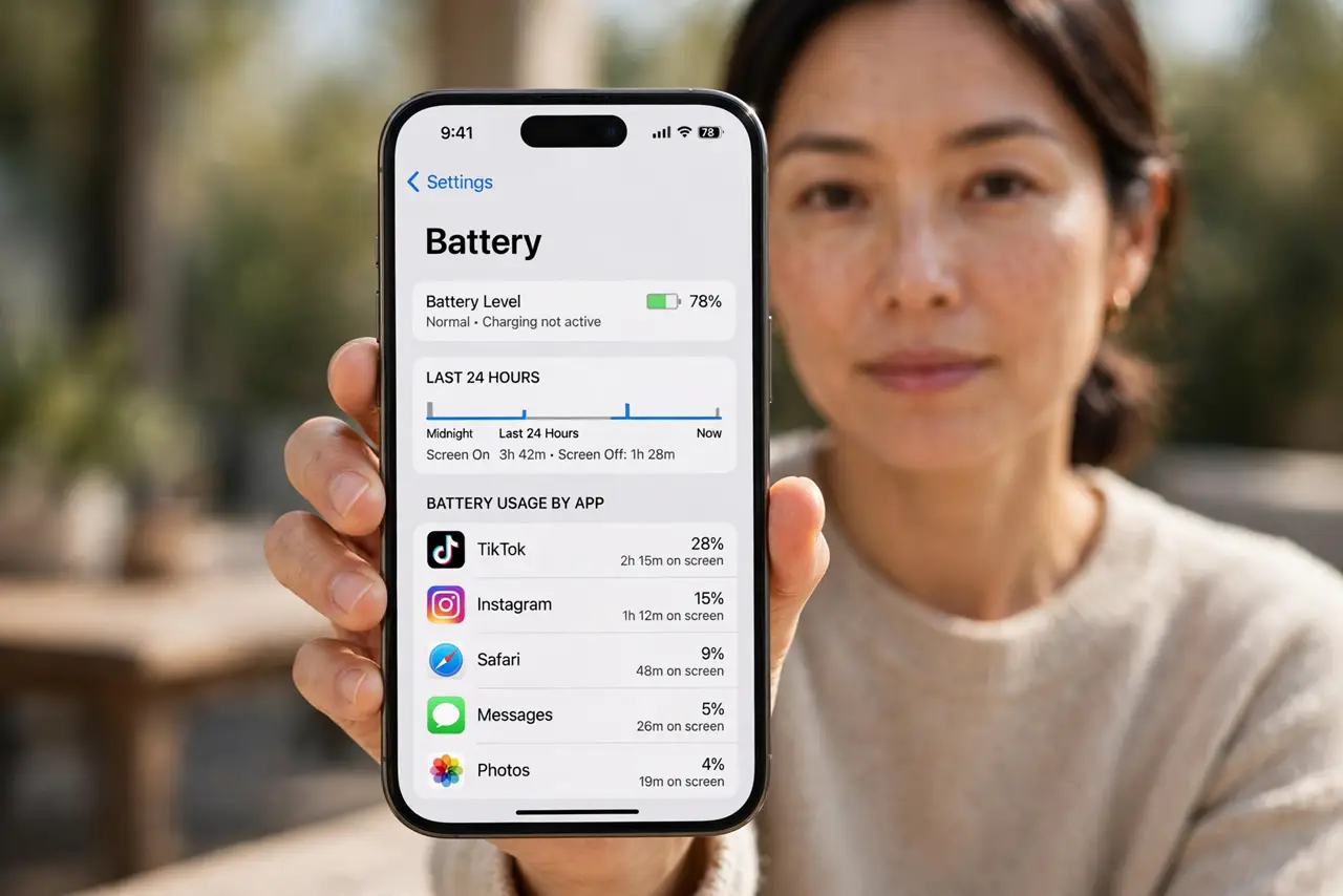 Photorealistic photo: A calm adult holding an iPhone toward the viewer, the real iPhone screen showing Settings, Battery, with Battery Usage by App legible.