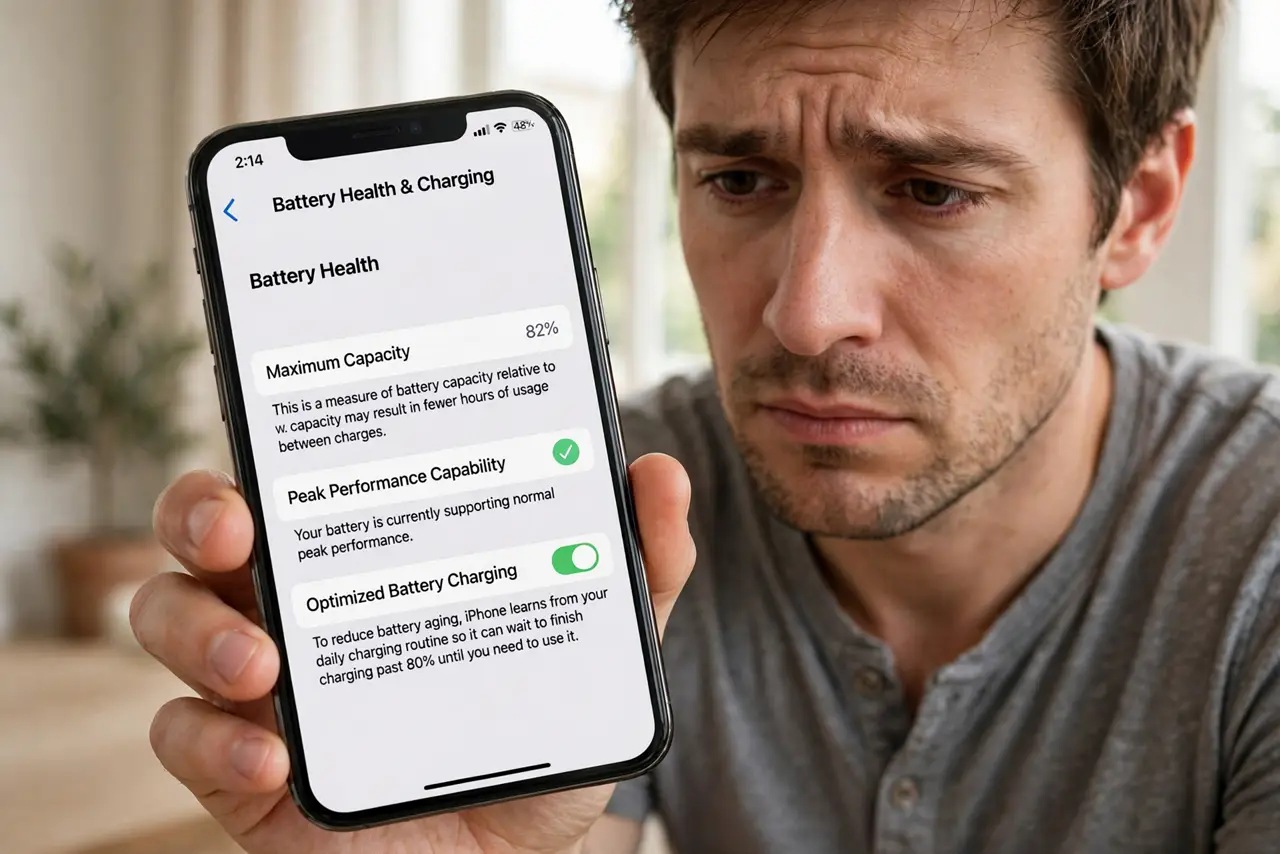 iPhone Battery Health Drops Fast — a concerned adult holding a real iPhone showing the Battery Health screen with the maximum capacity percentage