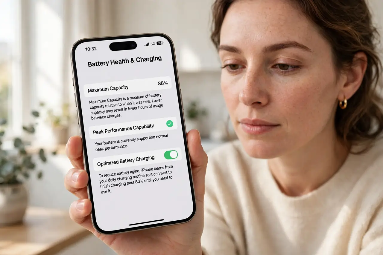a person holding a real iPhone showing the Battery Health screen with a legible maximum capacity percentage, the person's face thoughtful, bright room.