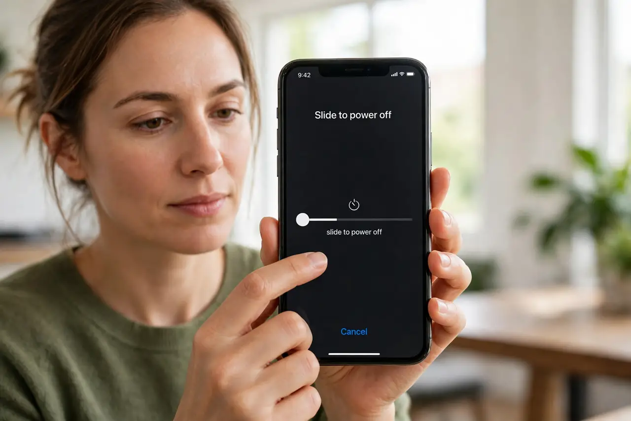 Person performing step 1: Restart the phone first. Press and hold the side button and a volume button, slide to power off, wait 30 seconds, and turn it back on. A...