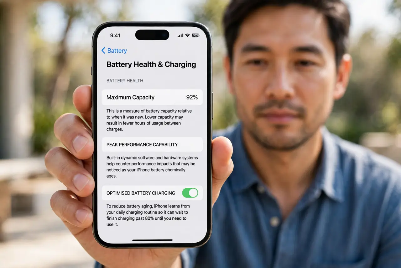 Photorealistic photo: A calm adult holding an iPhone toward the viewer, the real iPhone screen showing Settings, Battery, Battery Health and Charging, with Maximum Capacity legible.