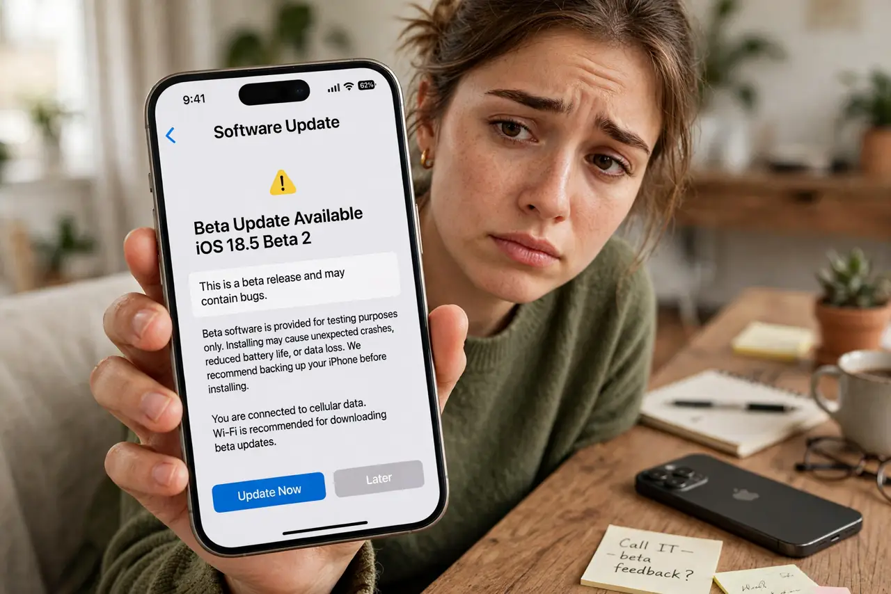 a person holding a real iPhone showing a beta software update screen with legible warning text, the person's face hesitant, desk with a second phone visible, home setting.