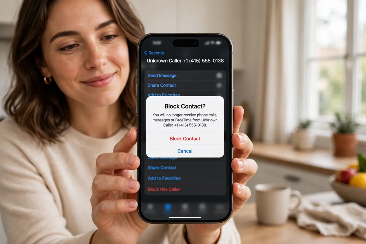 a person holding a real iPhone showing the block caller confirmation screen, the person's face relieved, home setting, daylight. No black screen, no blank white screen, no fake or .
