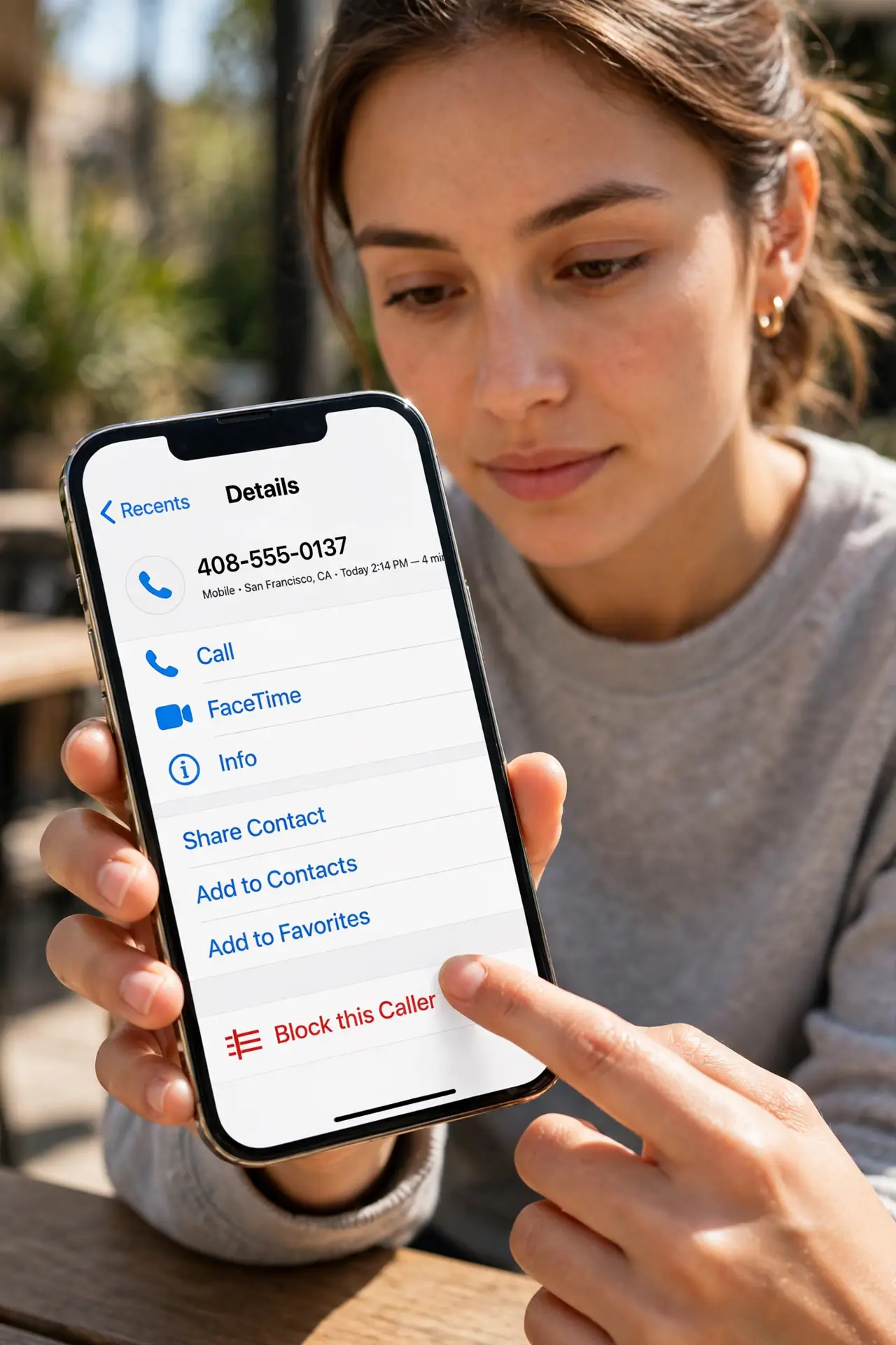 A person carrying out step one: block from recent calls on iphone.