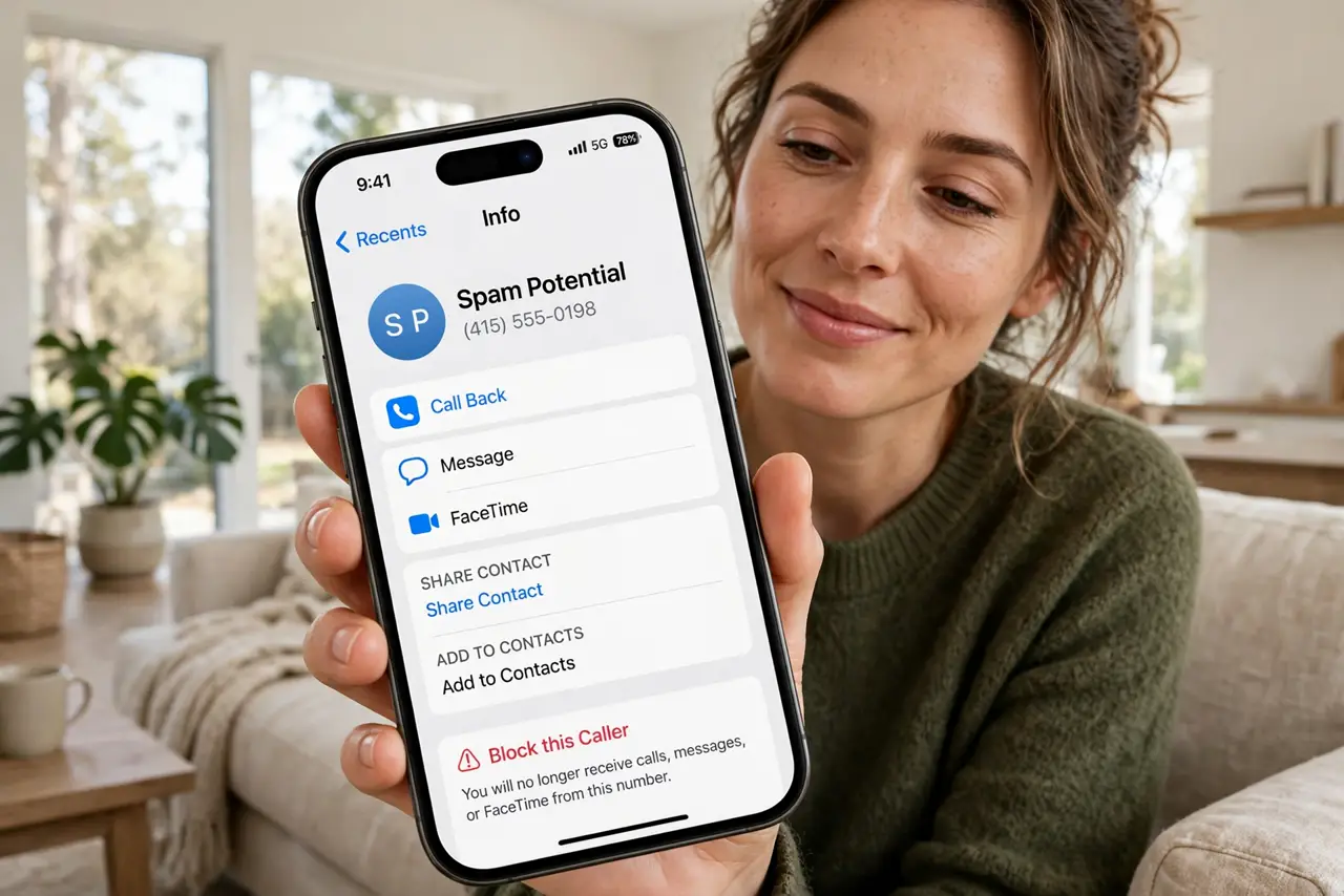 A person holding a real iPhone showing the recent calls list with the block option visible and legible, the person's face relieved, bright living room.