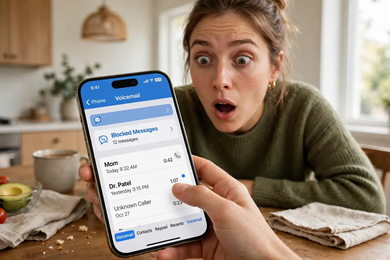 A person scrolling the Voicemail tab on a real iPhone with the Blocked Messages folder fully legible, the person's face surprised, at a kitchen table.
