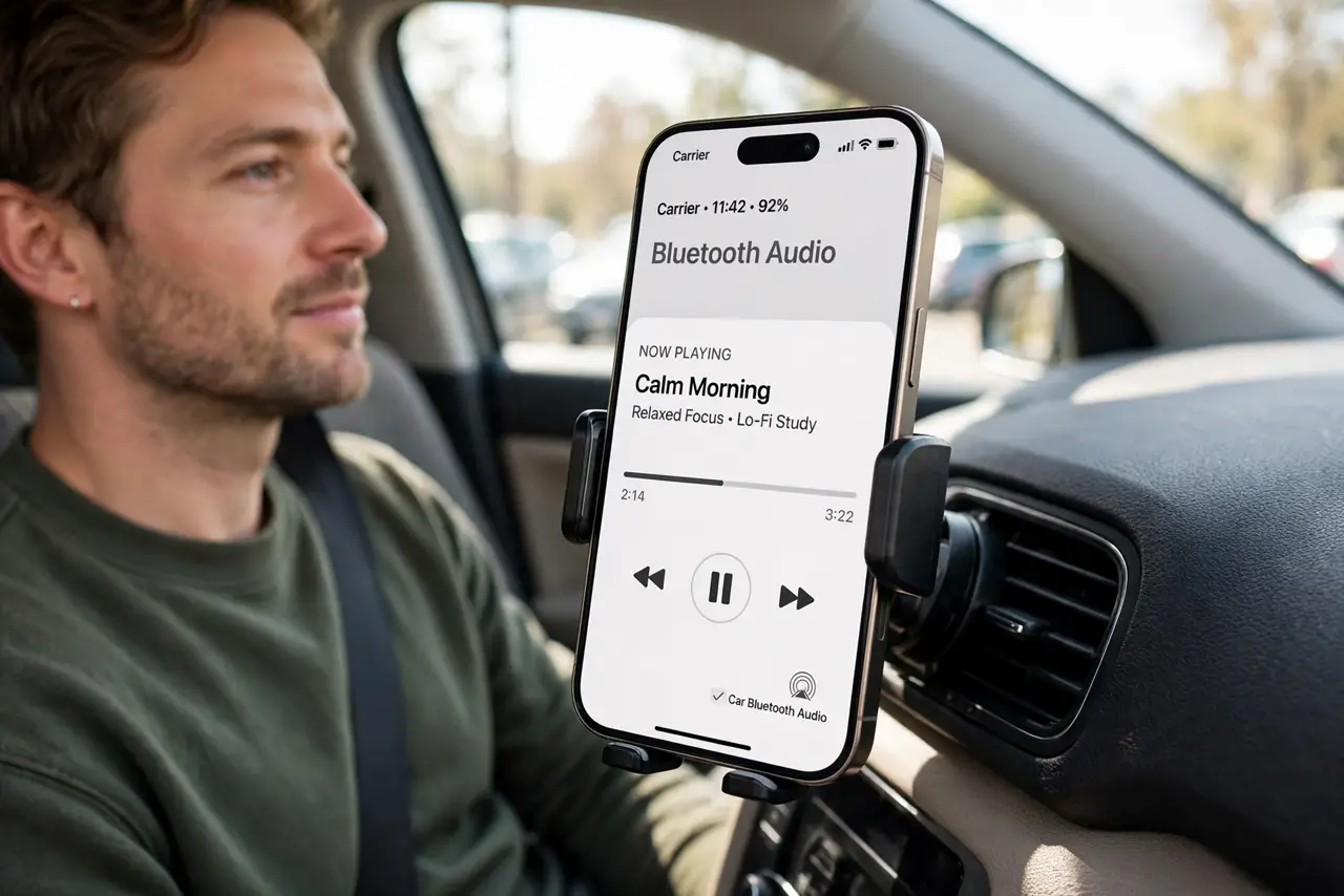 a calm adult driving with a real iPhone mounted in the car cabin, car Bluetooth audio visible on the real screen complete and legible, the person listening to music calmly.