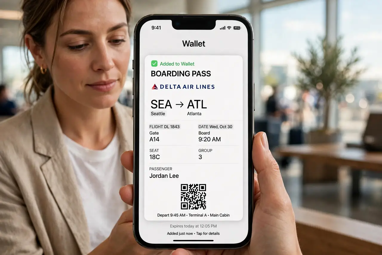 A person performing the first step of the guide: Add it from the airline app. After check-in, the airline app offers Add to Apple Wallet. Accept it — the pass.