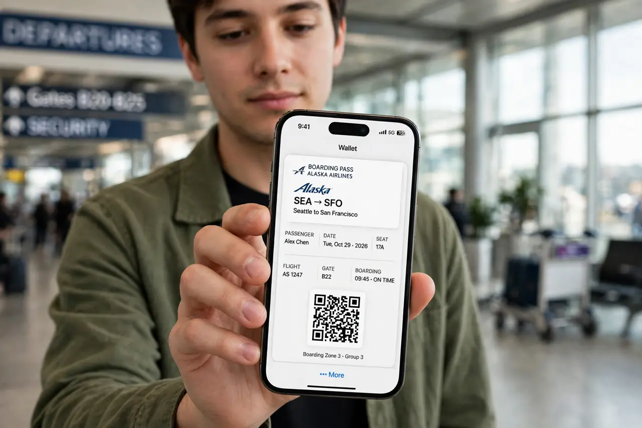 A person holding a real iPhone showing an Apple Wallet boarding pass with a legible QR code and flight details, airport terminal in the background.