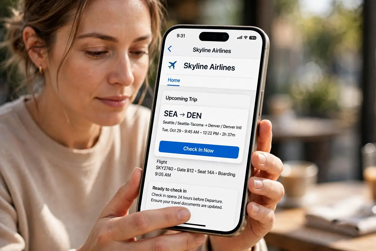 A person carrying out step one: check the airline app first.