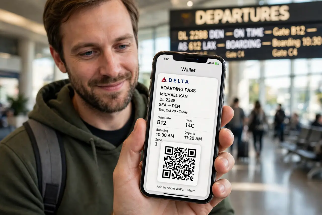A man at an airport holding an iPhone showing a boarding pass with a QR code legible on screen, his face relieved, departure board blurred in the background.