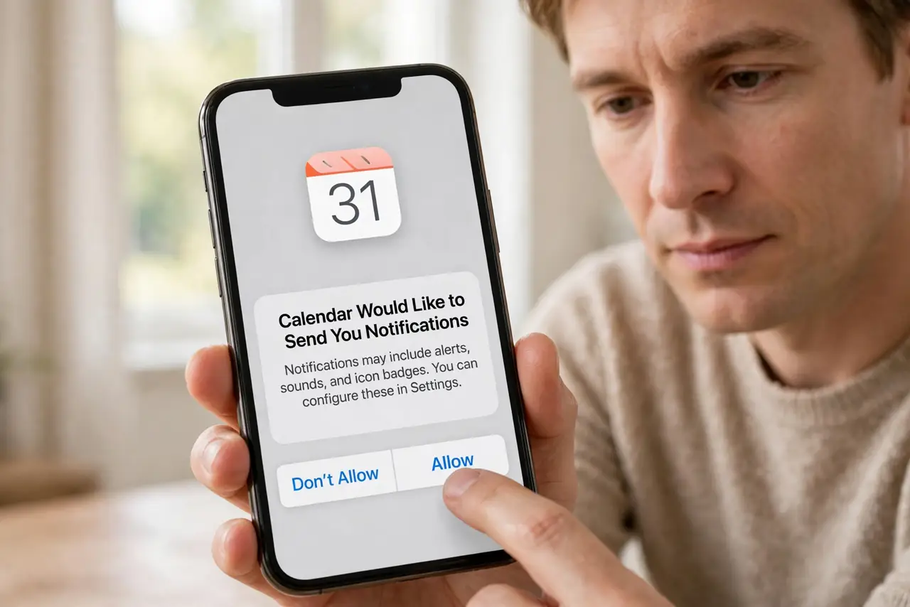 Person performing step 1: Allow Calendar notifications. Open Settings, then Notifications, then Calendar, and make sure Allow Notifications is on, with Lock...