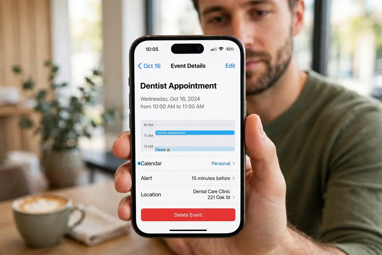 Photorealistic photo: A calm adult holding an iPhone toward the viewer, the real iPhone screen showing the Calendar app with an event and its alert setting legible.