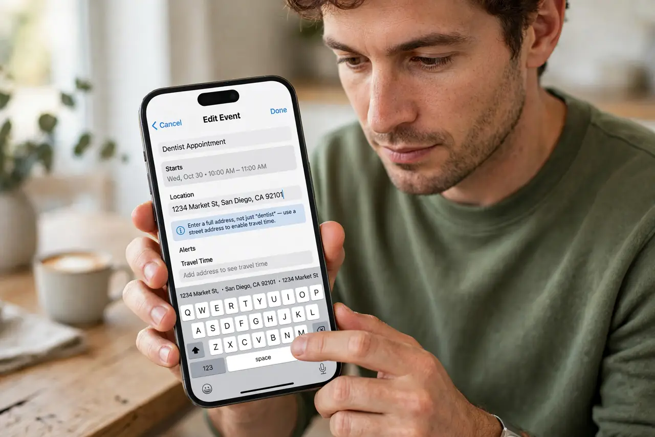 Calendar Travel Time Does Not Show — step 1 being performed on the device.