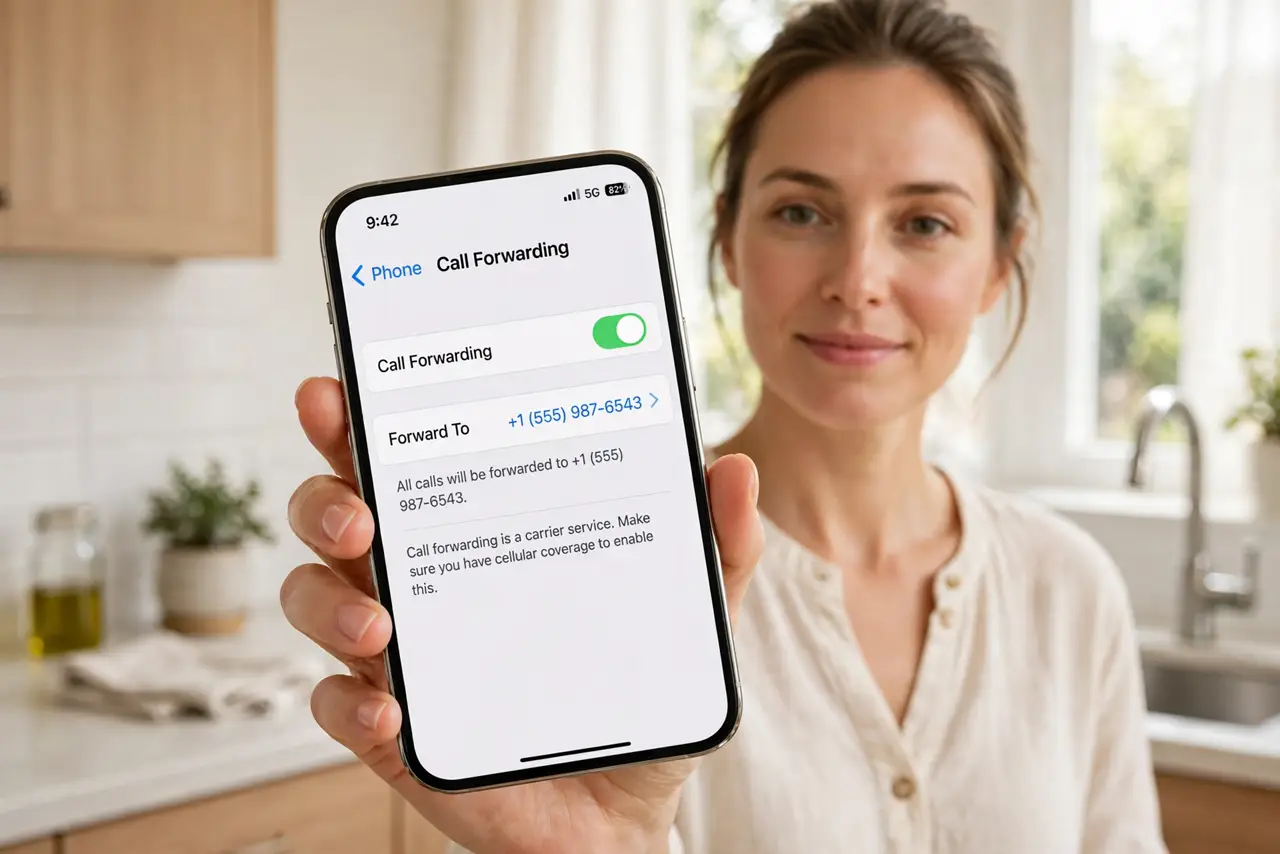 A person holding a real iPhone showing the call forwarding settings screen with legible text, the person's face calm, bright kitchen.