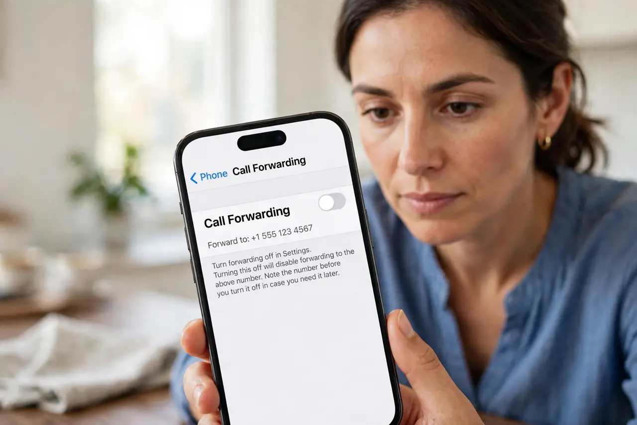 Call Forwarding Turns On by Itself — step 1 being performed on the device.