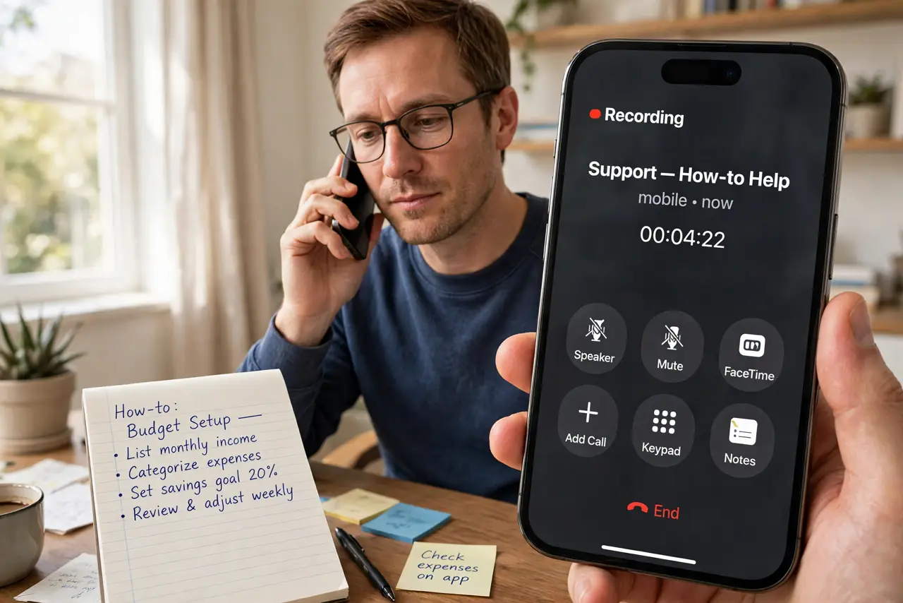 a person on a real iPhone mid-call with the call recording indicator visible on screen, a notepad beside them, the person's face attentive, home office.