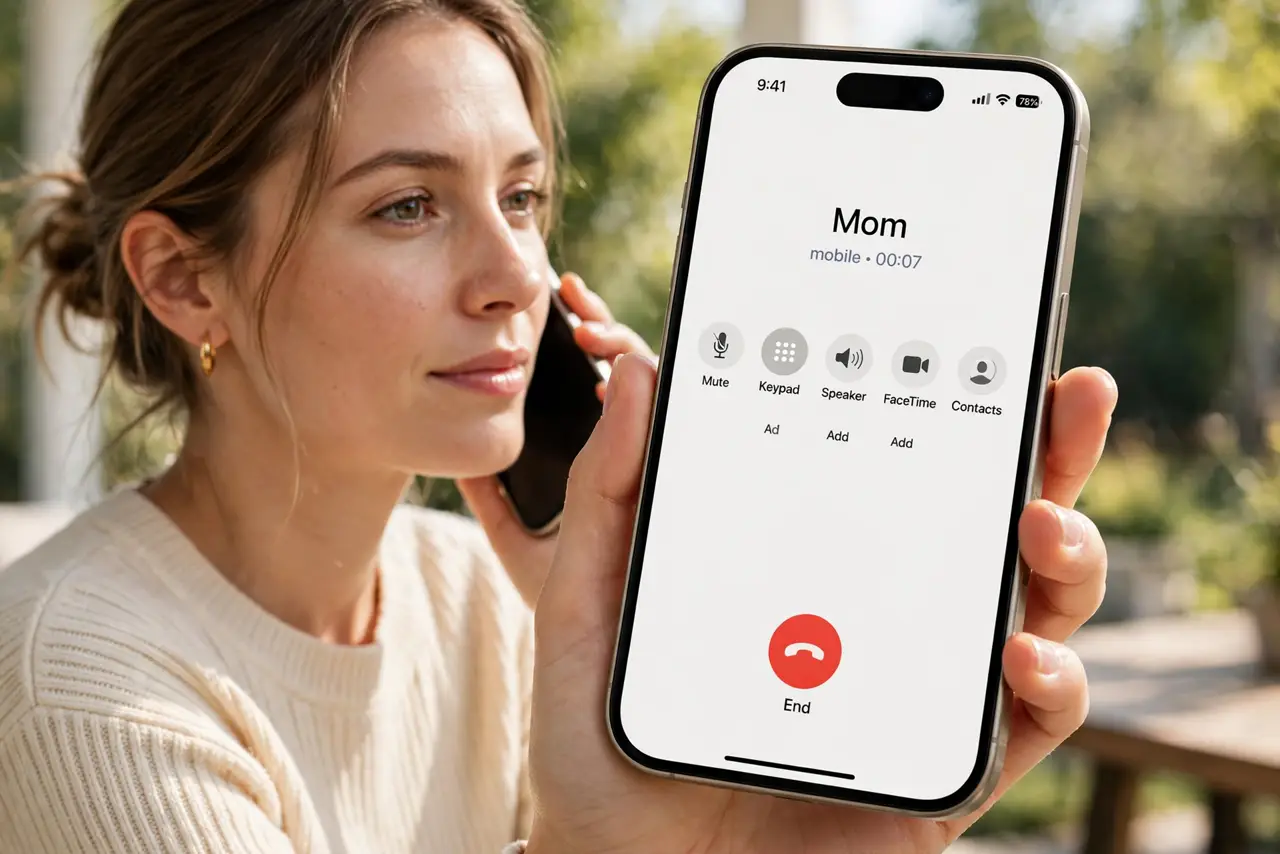 a calm adult holding a real iPhone to their ear, a call screen visible on the real screen complete and legible, the person listening attentively and calmly.