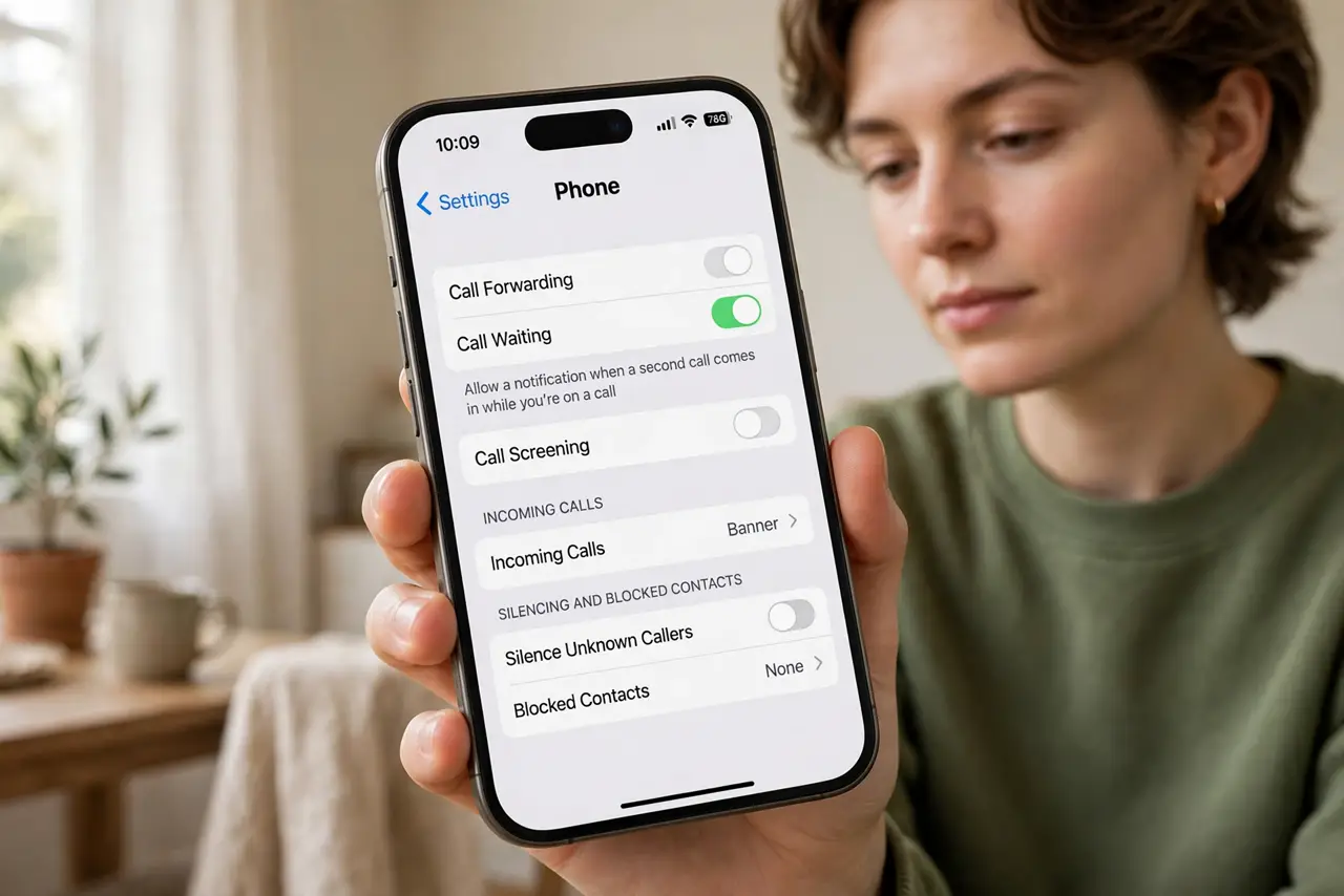 Photoreal photo of a person performing the first step: Find the setting on iPhone. Go to Settings > Phone > Call Waiting and make sure it is on. If the toggle is missing entirely, your carrier controls it ...