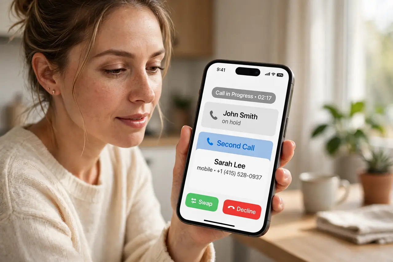 Photoreal photo: a person holding a real iPhone showing an incoming second call screen with legible caller info and swap/decline buttons, mid-conversation, the person's face attentive, home interior. No black screen, no