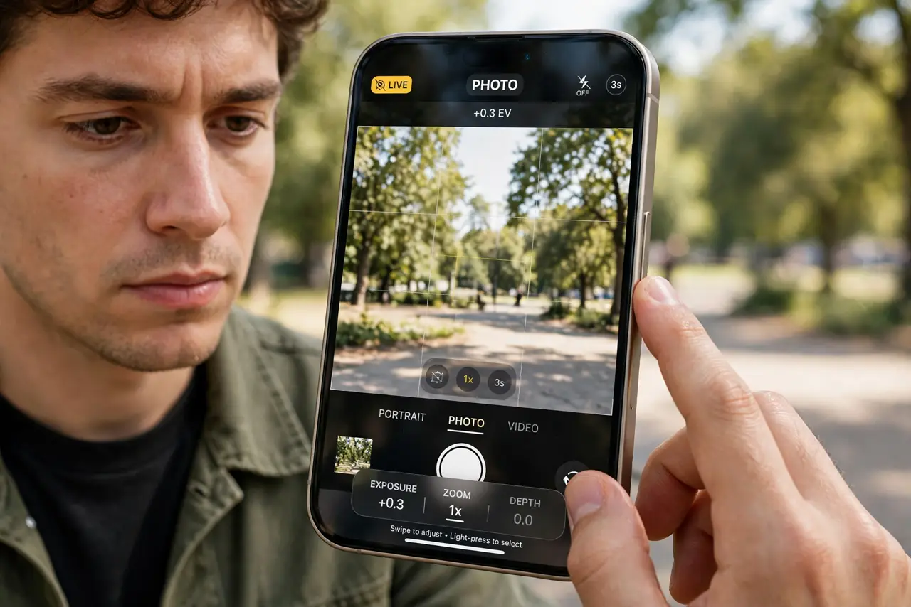 A person holding a real iPhone sideways, finger on the Camera Control button on the side, the camera screen showing a legible viewfinder with settings overlay,…