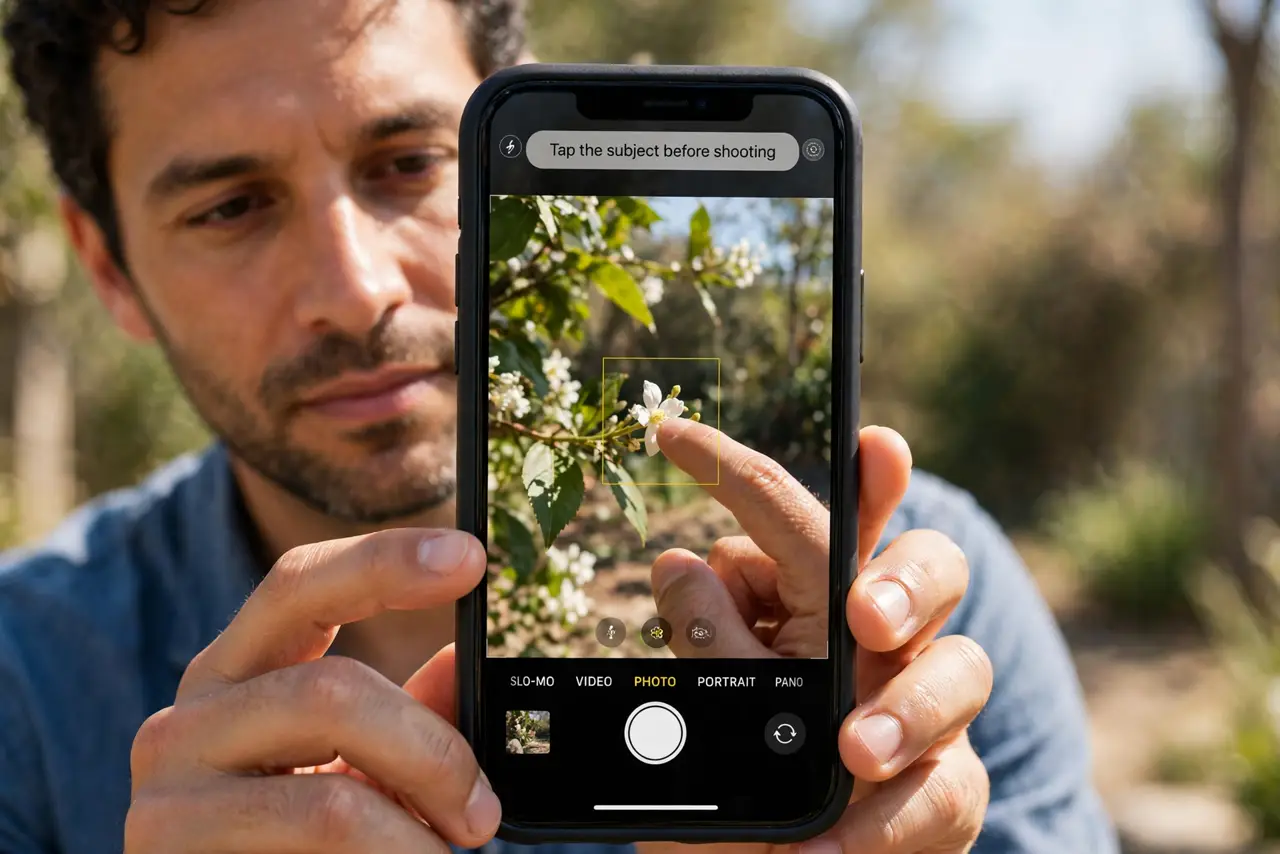 Person performing step 1: Tap the subject before shooting. Tap the person or object you want sharp. Tapping overrides the camera's guess and focuses exactly where...